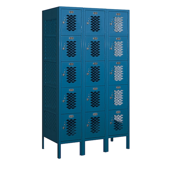 5 Tier Box Vented Locker, 36"Wx66"Hx18"D, 15 Door, Blue, Unassembled